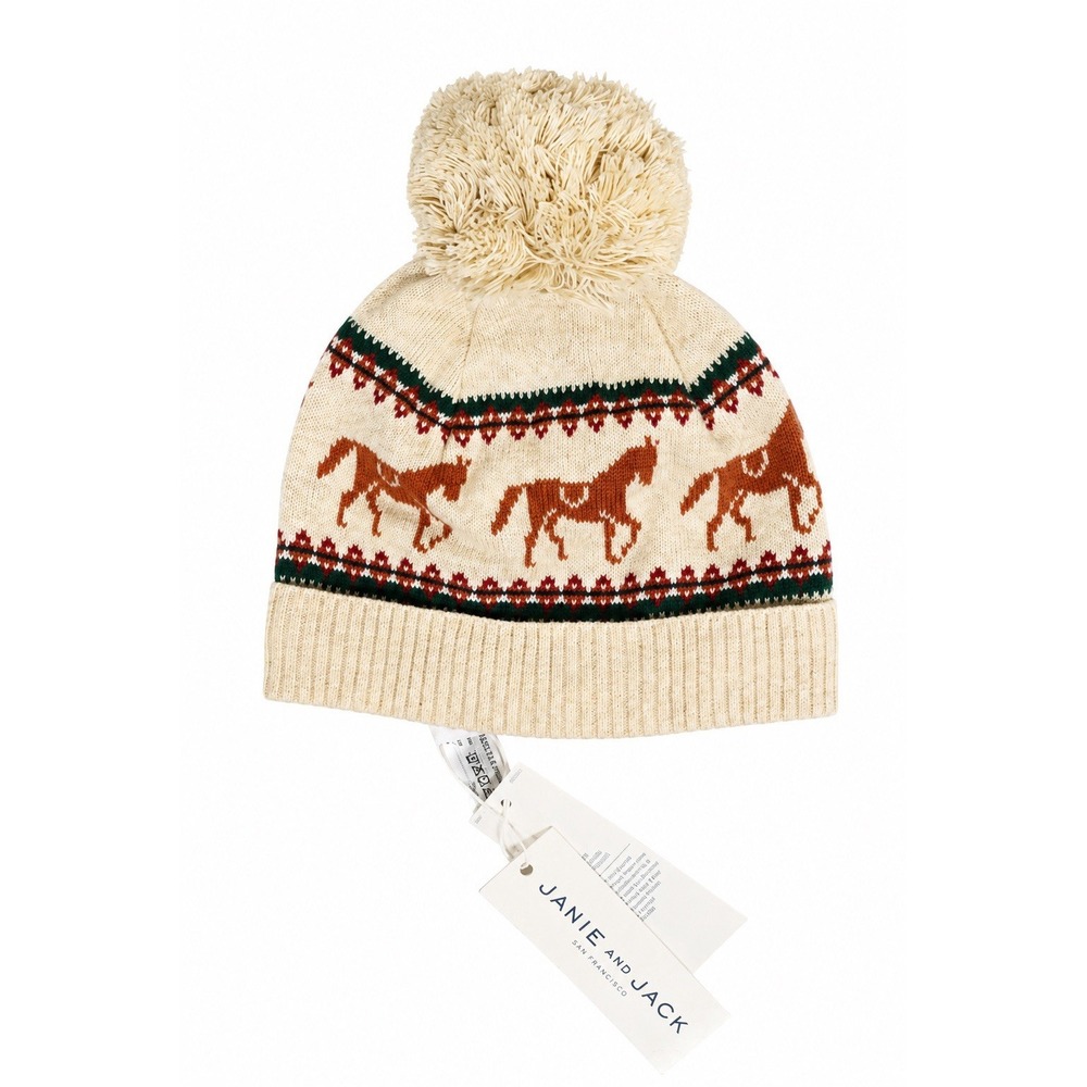 NWT Janie and Jack Fair‎ Isle Horse Knit Beanie Pom Hat Cream Baby 3-6 Months